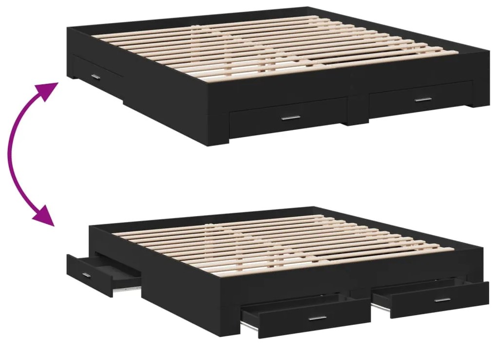 Estrutura de cama c/ gavetas 200x200 cm derivados madeira preto