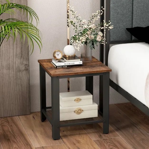 Mesa de apoio, mesa cabeçeira de 2 níveis quadrada com estante de rede Estrutura metálica Mesa de cabeceira com estrutura metálica para sala de estar