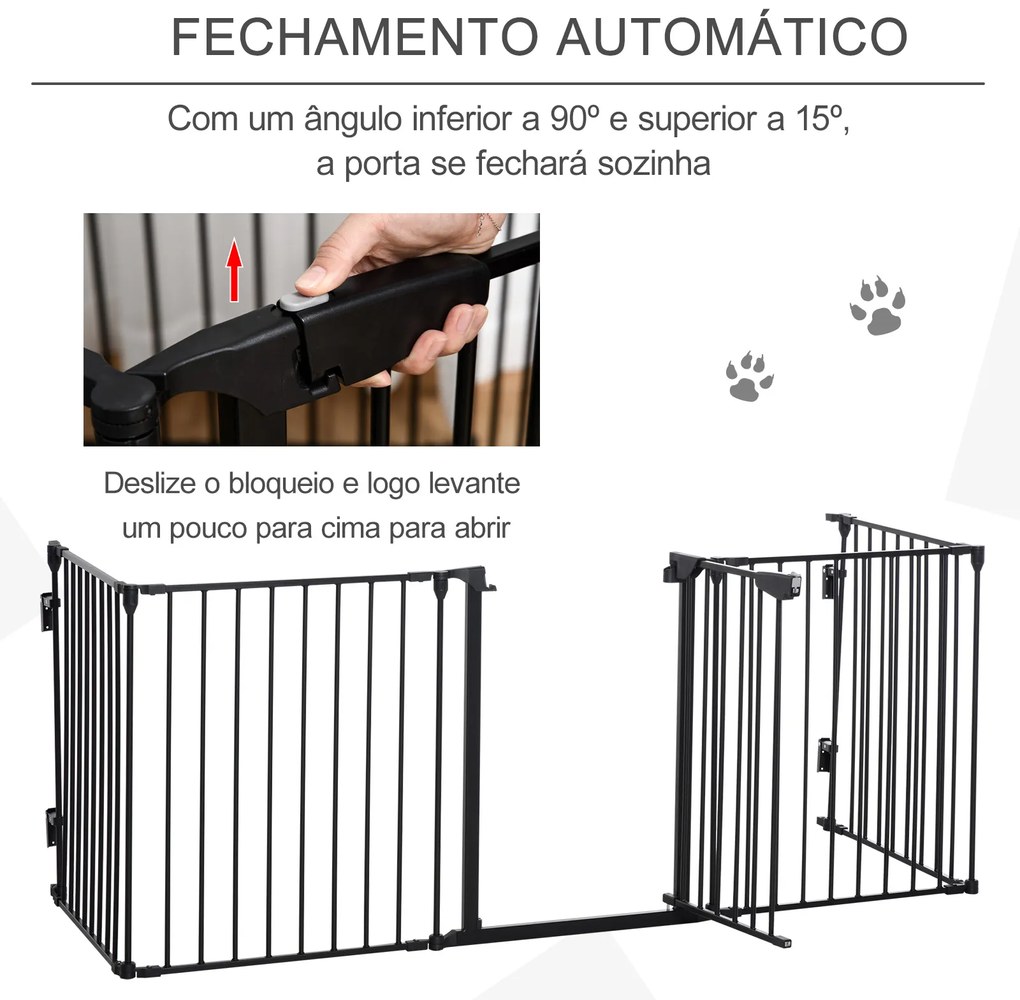 Barreira de Segurança para Animais de Estimação Barreira Dobrável de 5 Painéis com Fechadura Inteligente 300x74,5 cm Preto