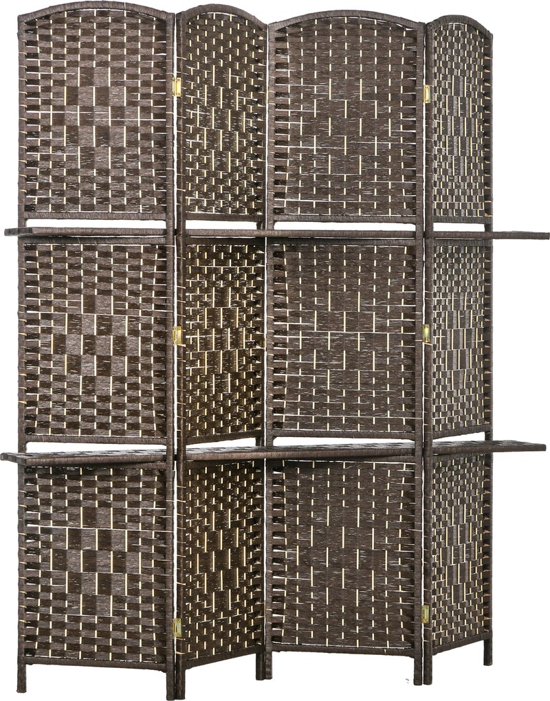 HOMCOM Biombo Separador de Ambientes 4 Painéis 160x170 cm com 2 Prateleiras Dobrável de Fibra de Papel Castanho | Aosom Portugal
