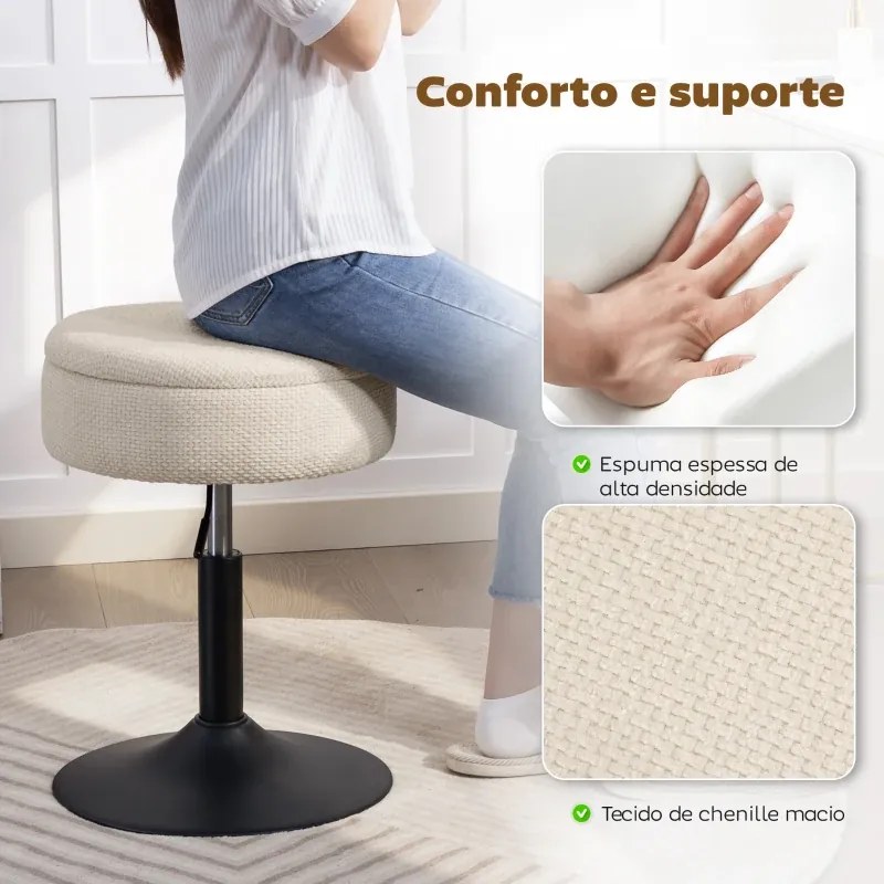 Banco de Bar com Armazenamento Altura Ajustável Giratório Estofado em Chenilla 39x39x49-65 cm Bege