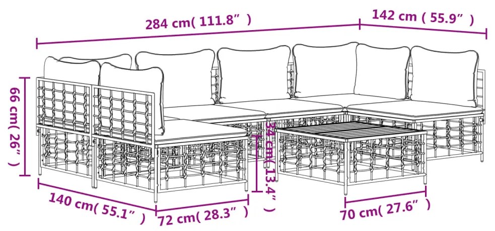 7 pcs conjunto lounge de jardim c/ almofadões vime PE antracite