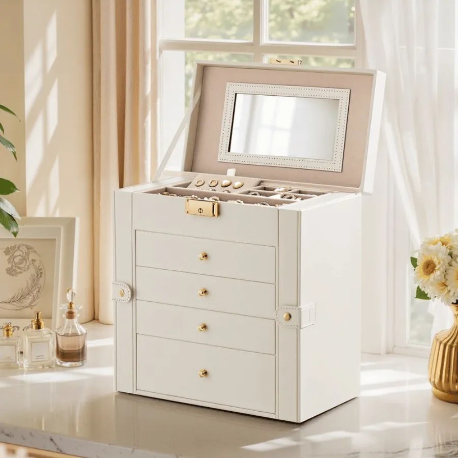 Caixa para joias com 5 níveis 15 x 26,2 x 28 cm, Branco creme