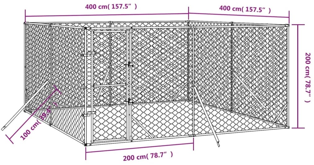 Canil de exterior 4x4x2 m aço galvanizado prateado