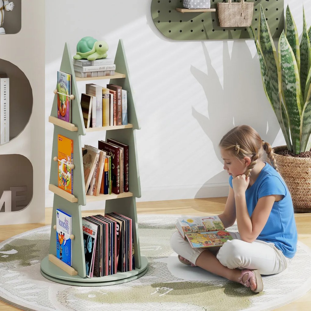 Estante para livros infantis Ø48 x 102 cm giratória 360° Carrossel de livros para crianças com 4 níveis em forma de árvore verde