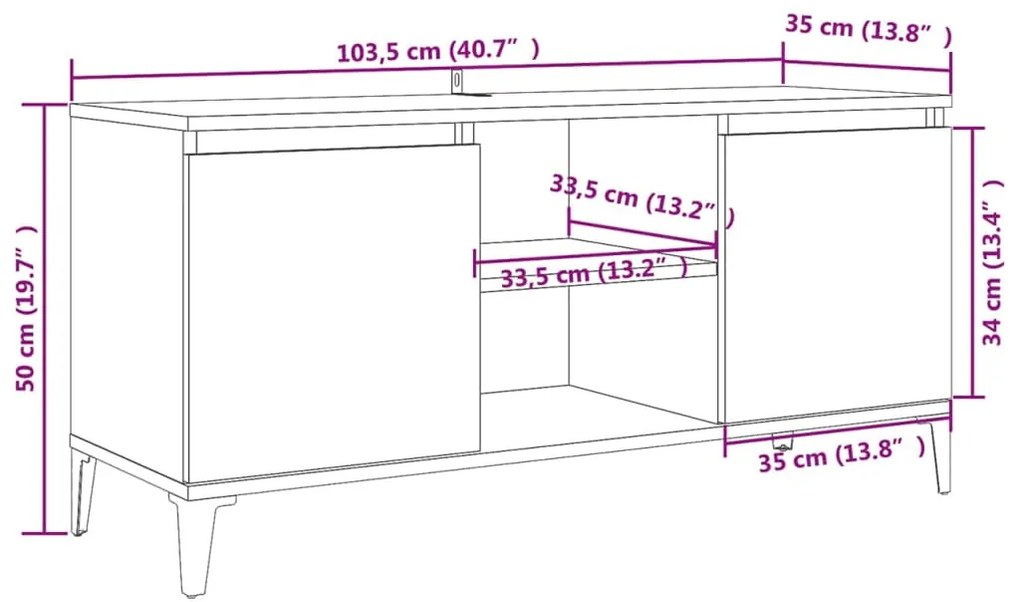 Móvel de TV com pernas em metal 103,5x35x50 cm cinzento cimento