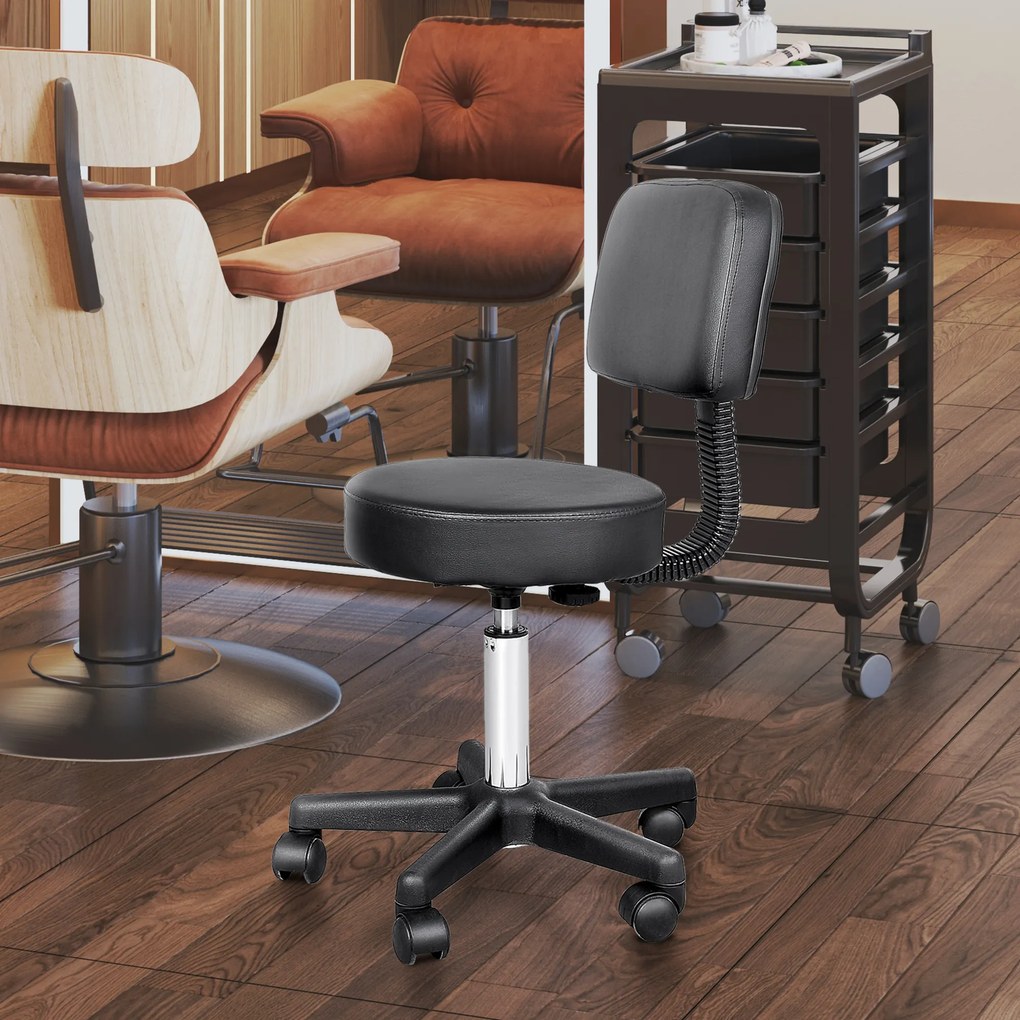 Banco de massagem com rodas, altura ajustável, giratório e encosto ergonómico, preto