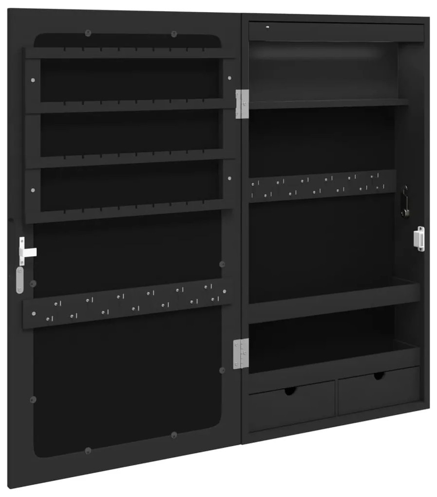 Móvel para joias de parede espelhado com luzes LED preto