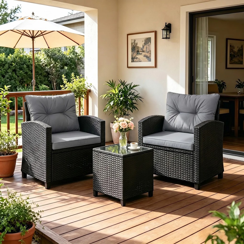 Conjunto de 2 Cadeiras de Jardim e Mesa Auxiliar, 44,5 x 44,5 x 45 cm, Ratan de PE Entrançado, almofadas Cinzentas