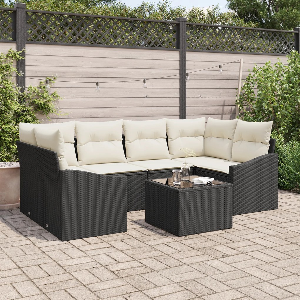 vidaXL Conjunto de Jantar para Jardim de 7 Peças com Almofadas em Rattan Preto