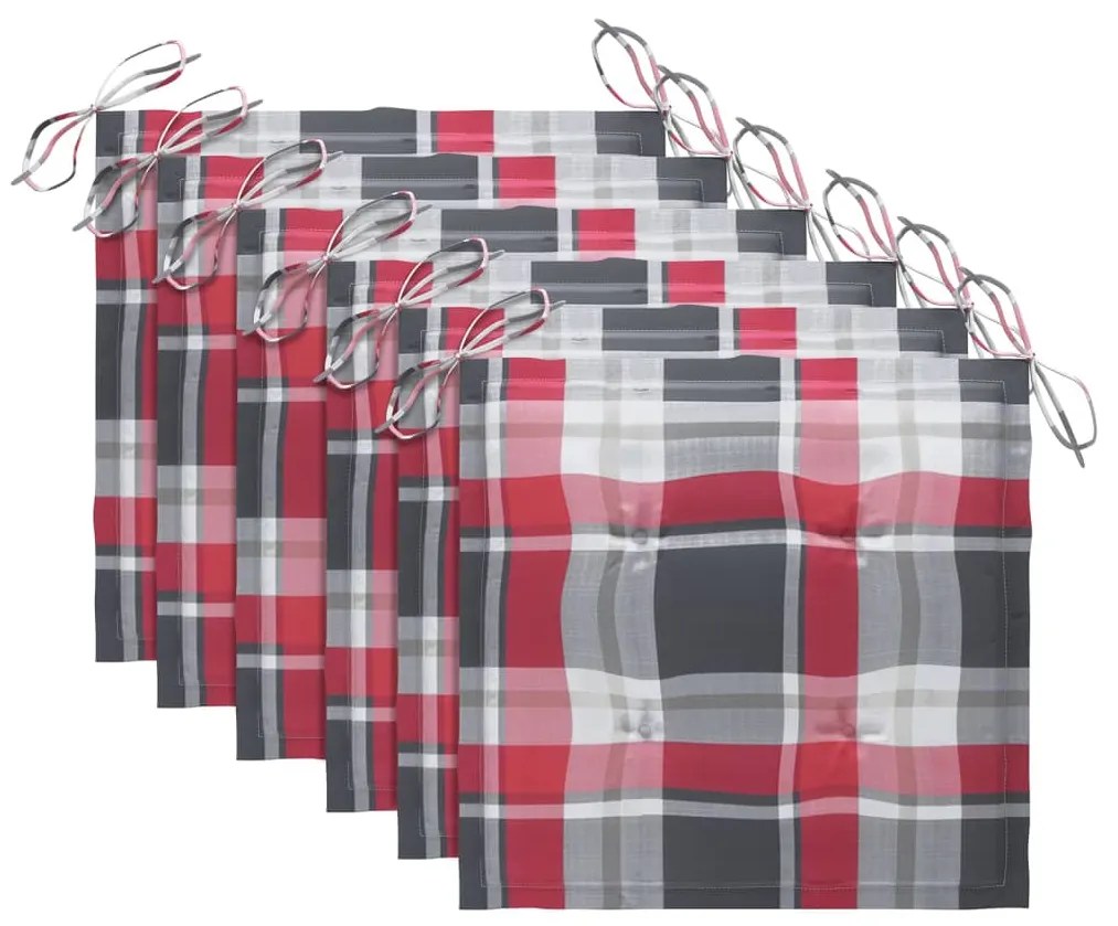 Cadeiras jardim c/ almofadões xadrez vermelho 6 pcs teca maciça