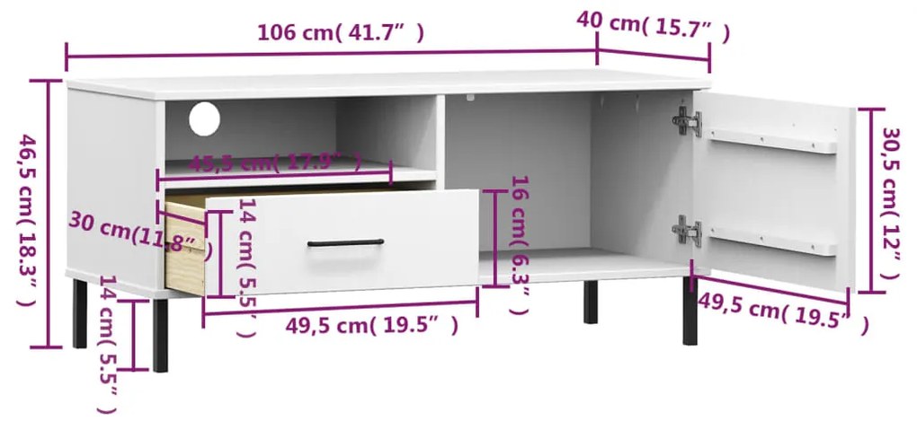 Móvel de TV c/ pernas de metal pinho maciço OSLO branco