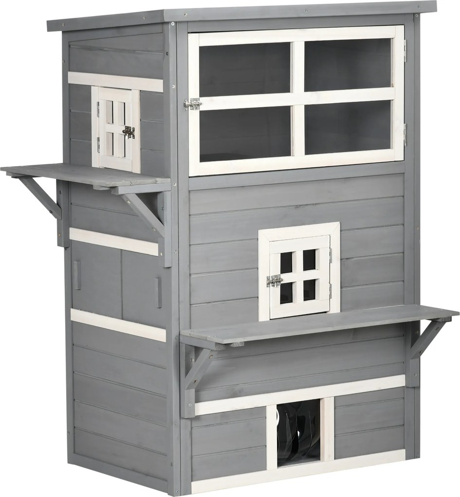 PawHut Casa para Gatos de Madeira Exterior Casa Grande para Gatos de 3 Andares com Múltiplas Entradas Janelas 98x68,5x122 cm Cinza | Aosom Portugal