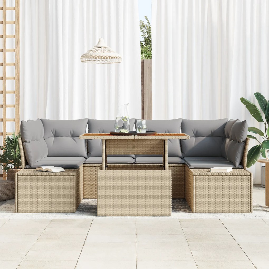 Conjunto de Sofá de Jardim de 7 Peças com Almofadas Bege Poliratan