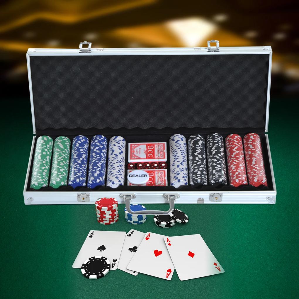HOMCOM Mala de Poker Profissional com 500 Fichas Jogo de Poker Casino com Maleta de Alumínio 5 Dados 2 Baralhos de Cartas e 1 Ficha de Dealer 55,5x22x6,5cm Multicor