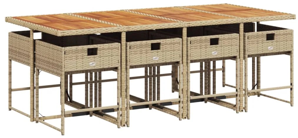 9 pcs conjunto de jantar p/ jardim com almofadões vime PE bege
