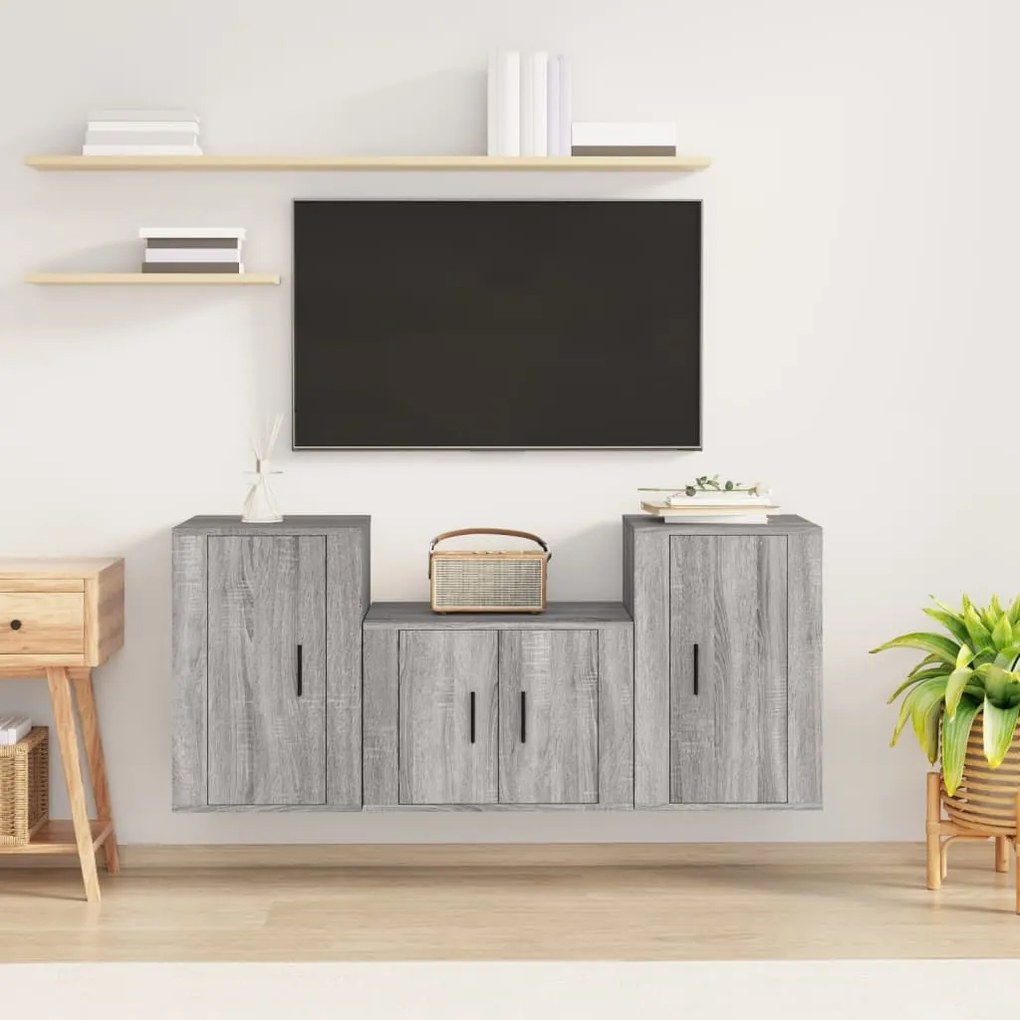 Conjunto móveis de TV 3 pcs madeira processada sonoma cinza