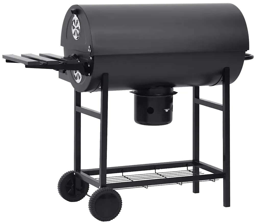Grelhador barril c/ rodas e prateleiras 115x85x95cm aço preto