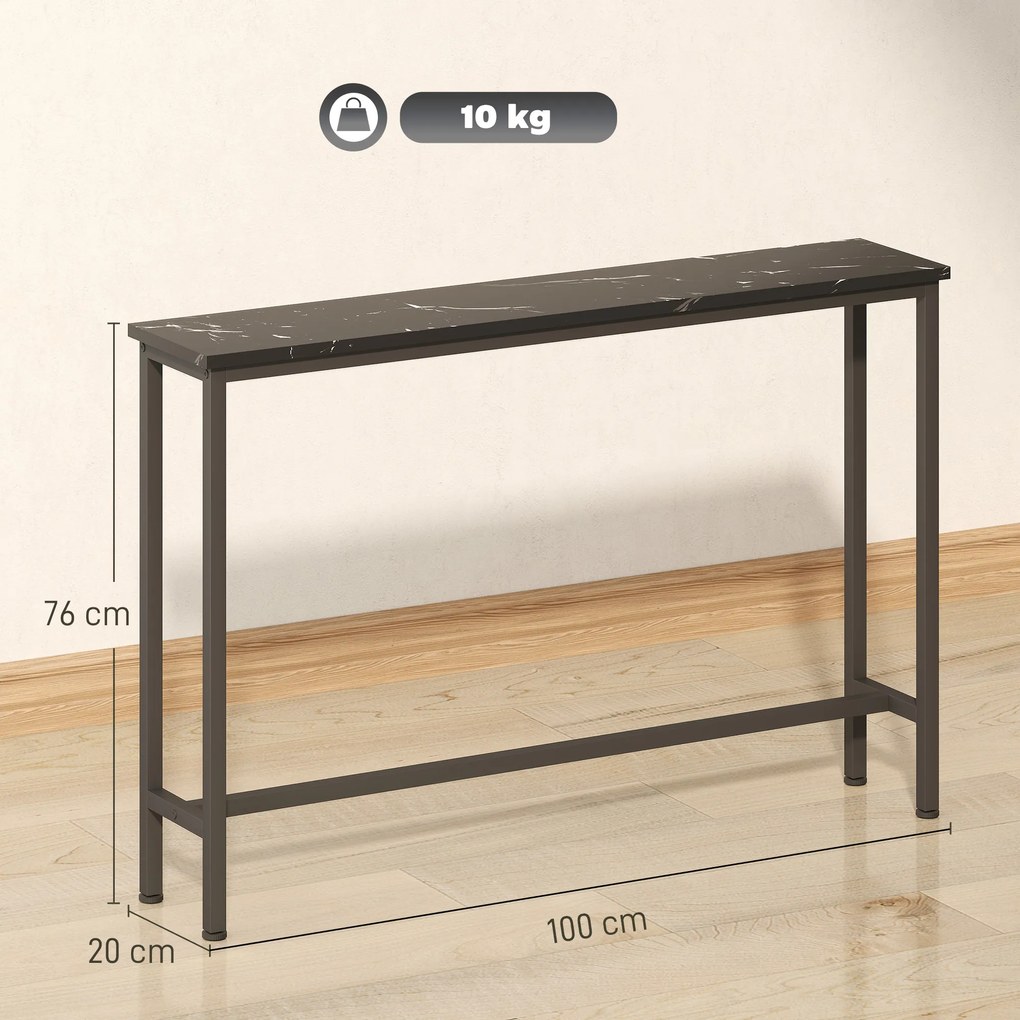 Mesa Consola Moderna Consola de Entrada Estreita com Superfície com Efeito Mármore e Estrutura de Metal 100x20x66 cm Preto