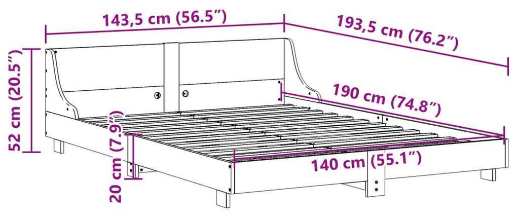 Estrutura cama c/ cabeceira 140x190 cm pinho maciço