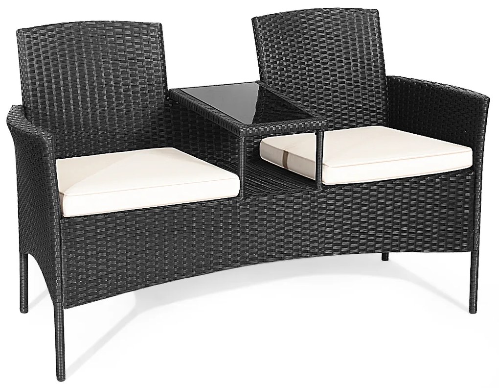 Conjunto de mesa e sofá em vidro de rattan PE com almofadas moderno para jardim, piscina, pátio 138 x 61 x 85 cm Almofadas Brancas