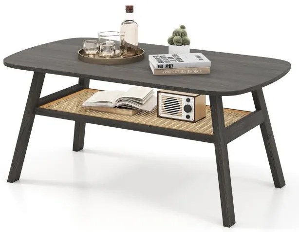 Mesa de centro em madeira para sala de estar com prateleira em rattan 100 x 55 x 44,5 cm Cinza escuro e natural