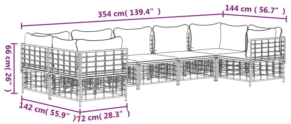 7 pcs conjunto lounge de jardim c/ almofadões vime PE antracite