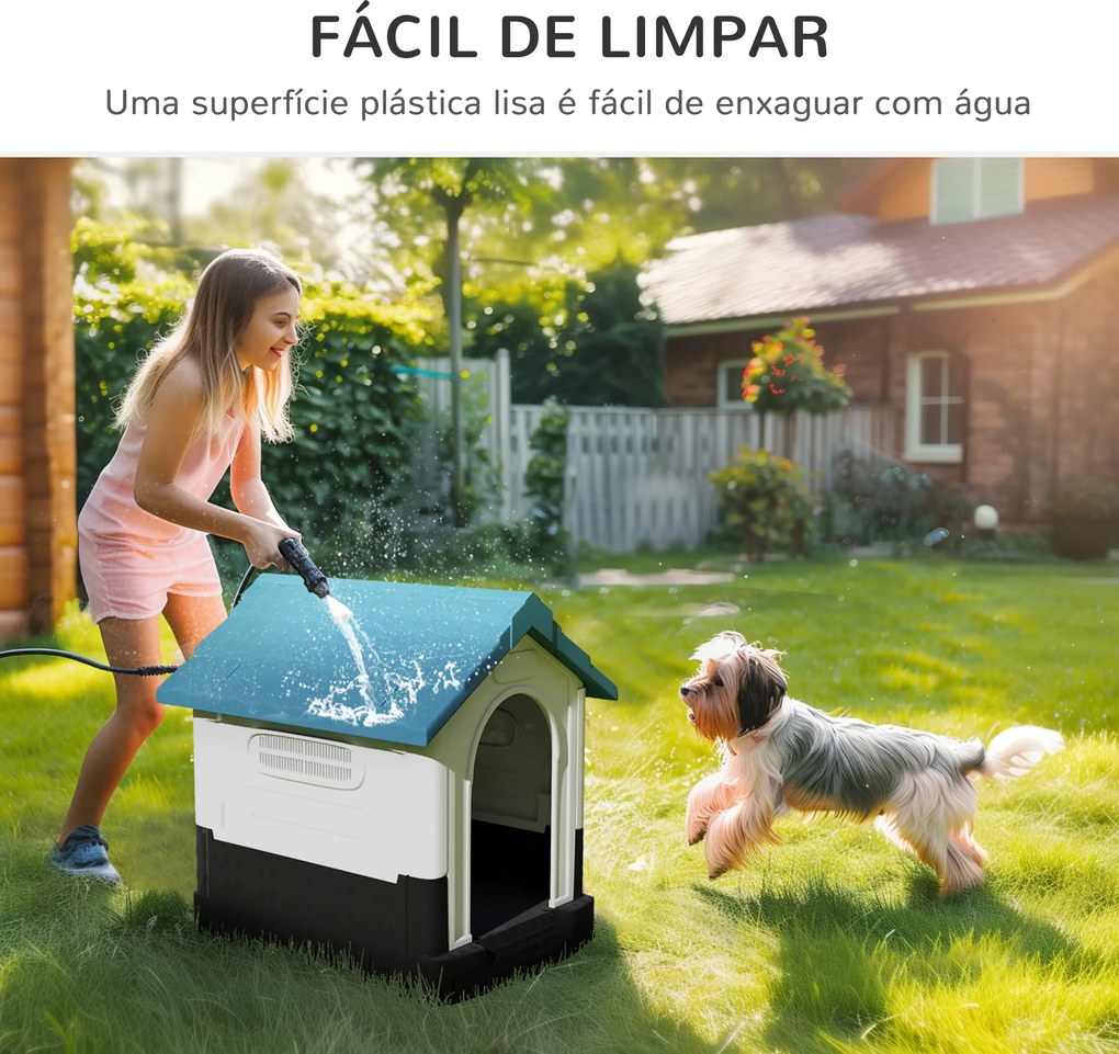 Casa para Cães Mini de Exterior em Plástico com 3 Janelas Base Elevada Telhado Inclinado 64,5x57x66 cm Azul