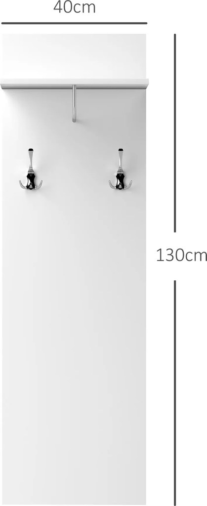 Cabide de parede para a entrada com prateleira 40 L x 21,3 P x 130 A cm, 2 ganchos e barra de alumínio, para a entrada, corredor ou quarto branco