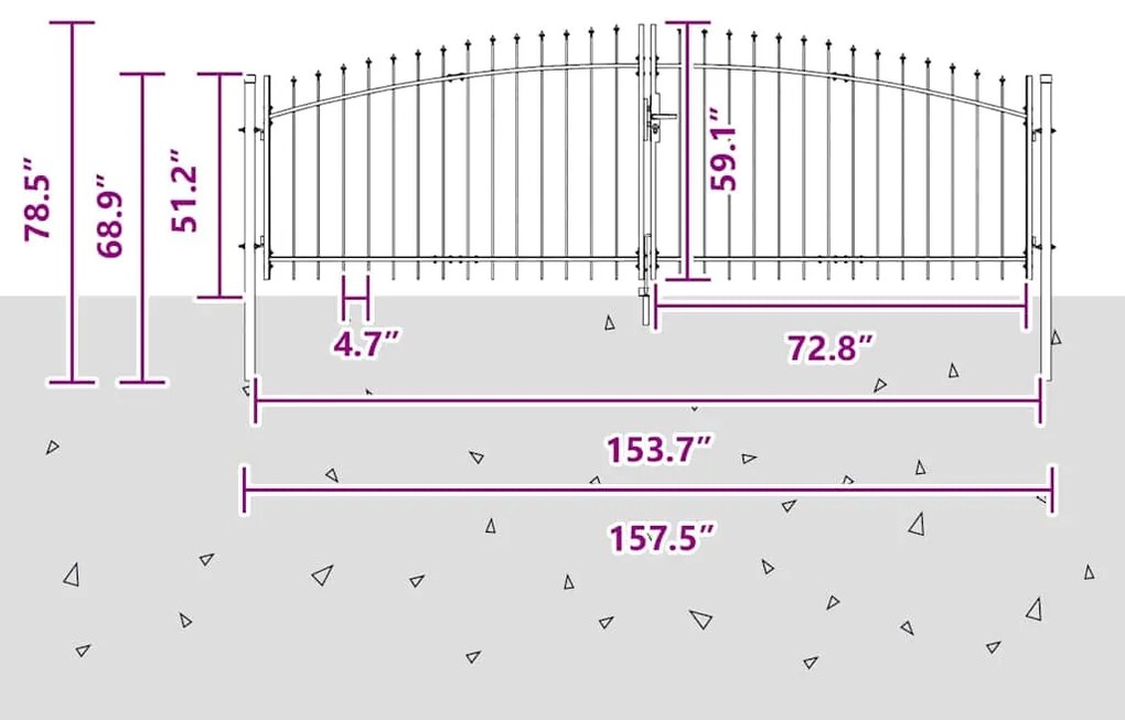 Portão de Jardim com Topo de Lança Duplo Cinza 150x400 cm em Aço