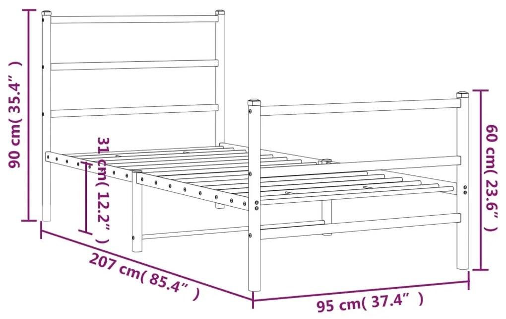 Estrutura de cama com cabeceira e pés 90x200 cm metal branco