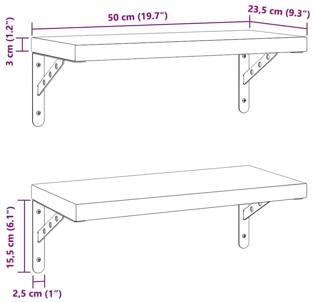 Prateleiras de parede 2 pcs 50x23,5 cm aço inoxidável prateado
