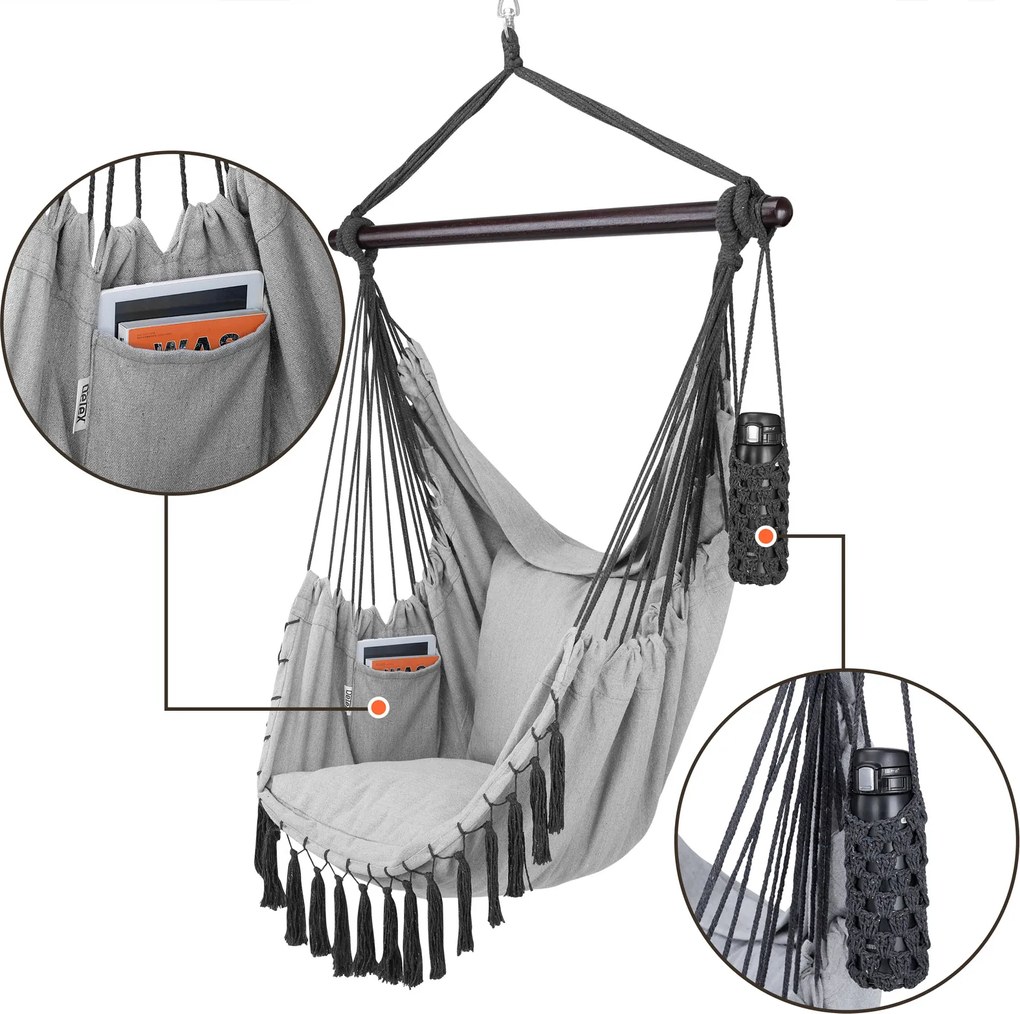 Cadeira suspensa 170x100x150cm com almofadas cinzenta clara