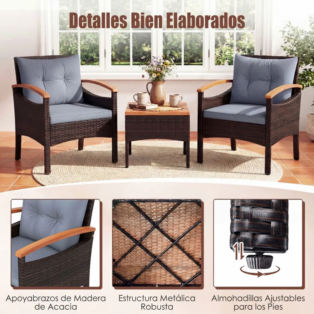 Conjunto de 3 peças para jardim em vime e rattan, com cadeiras com braços, mesa auxiliar em madeira de acácia e almofadas em castanho misturado e cinz