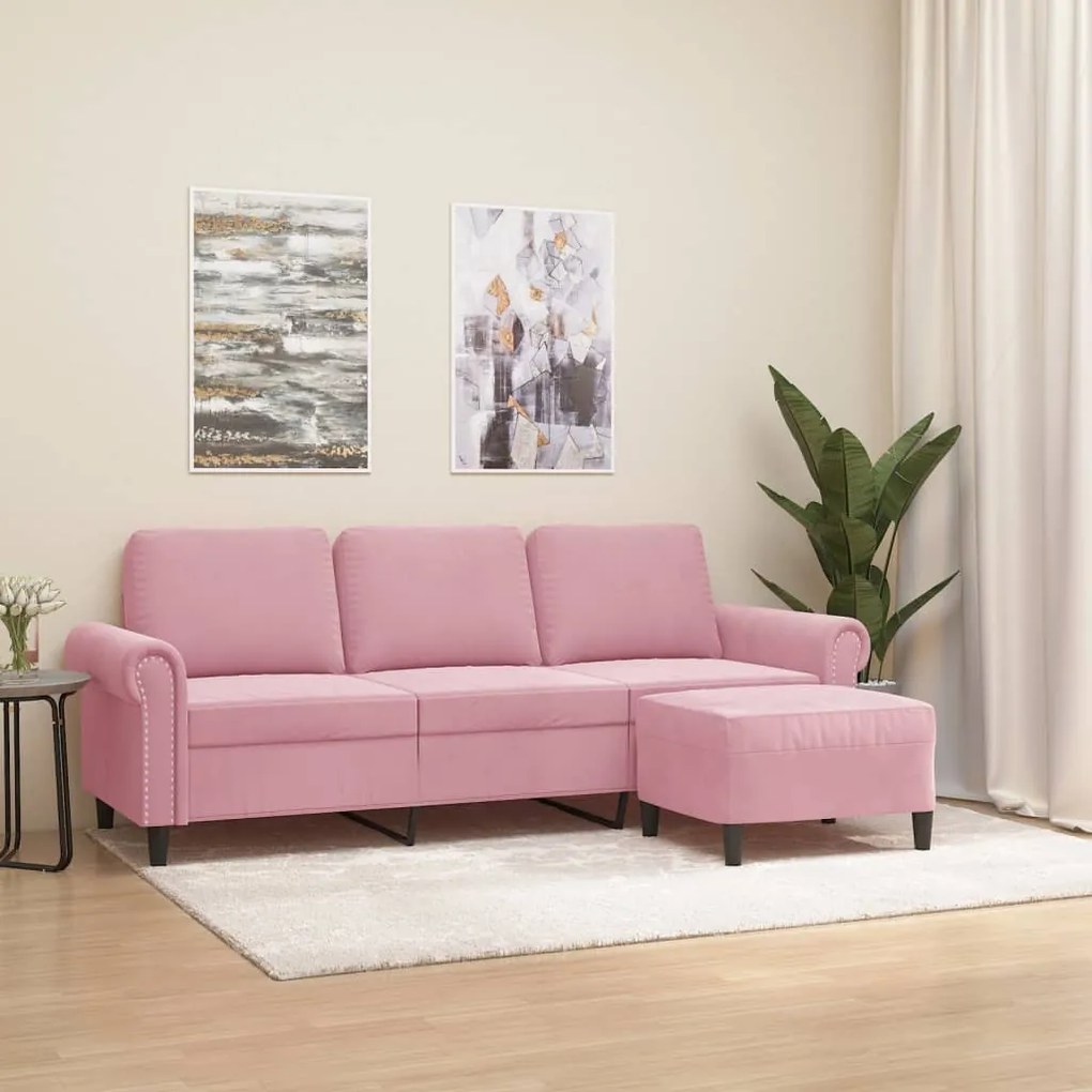 Sofá de 3 lugares com apoio de pés 180 cm veludo rosa