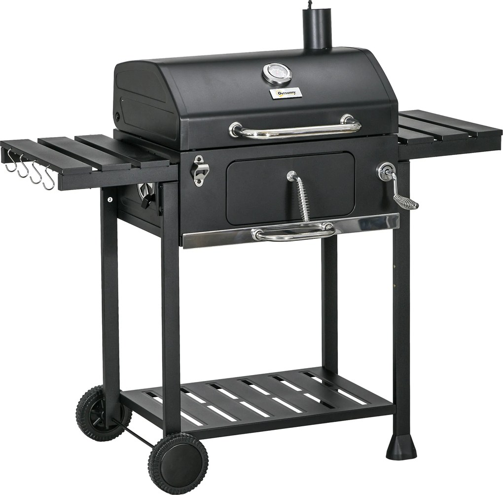 Outsunny Churrasqueira a carvão BBQ-Smoker, incl. termómetro, abre-garrafas, 120 x 64 x 114 cm, Preto | Aosom Portugal
