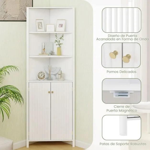 Armário de canto alto moderno 32 x 58 x 172,5 cm com 5 prateleiras e 2 portas caneladas Economiza espaço em casa Branco