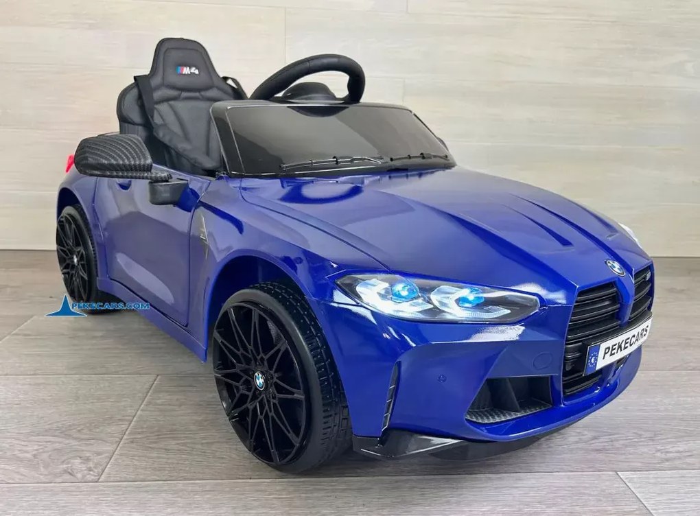 Carro elétrico para crianças BMW M4 12V 2.4G, Rodas de borracha, Assento em couro sintético Azul Metalizado