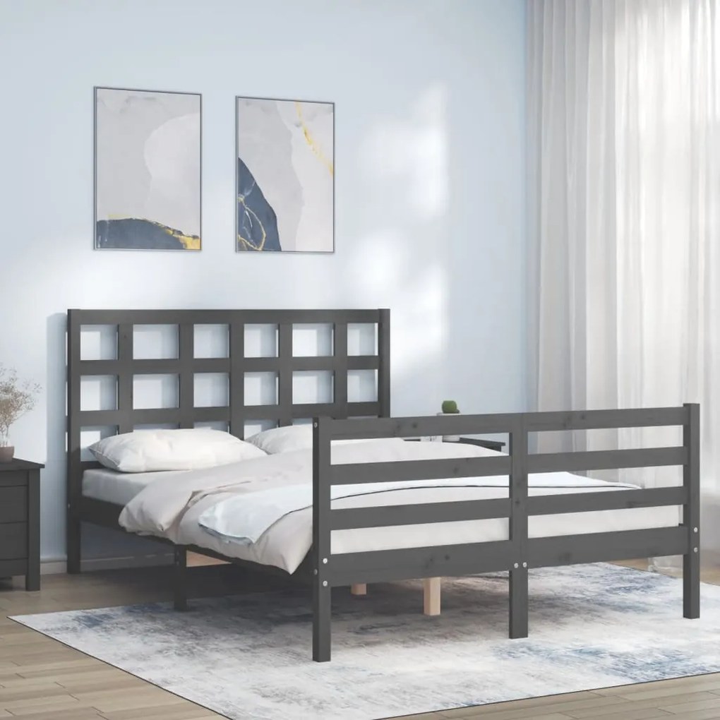 Estrutura de cama de casal c/ cabeceira madeira maciça cinzento