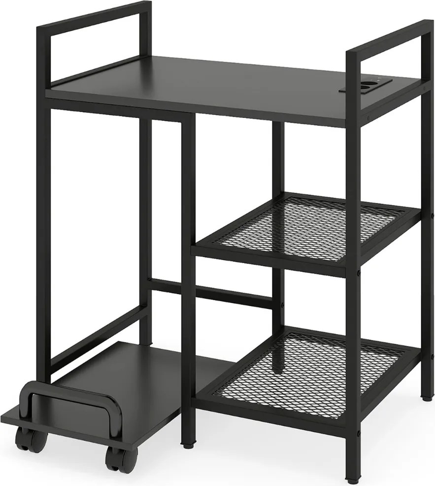 Suporte para impressora 63,5 x 40 x 72 cm com estação de carregamento de 3 níveis com rodas bloqueáveis Preto