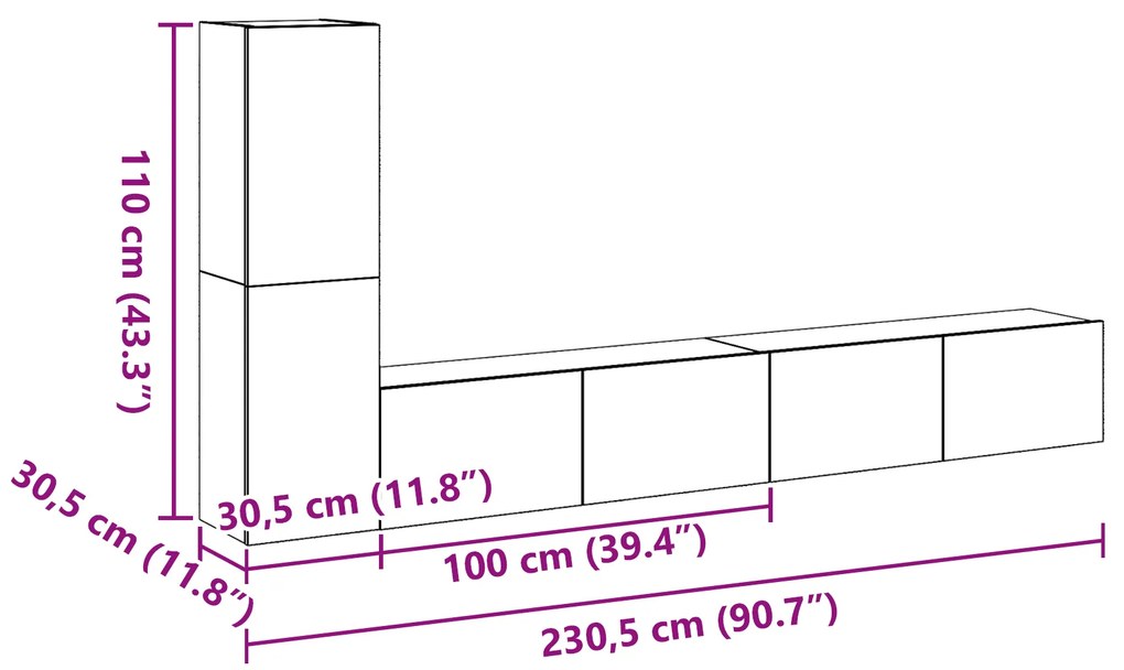 Conjunto de Gabinete de TV VidaXL de 3 Peças, Montado na Parede, Madei