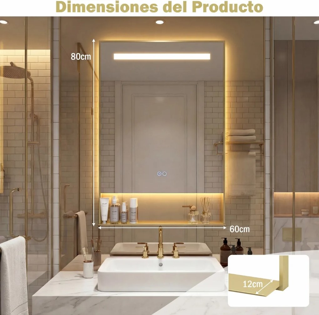Espelho de casa de banho com LED 80 x 60 cm, função antiembaciamento, 3 cores de luz e brilho ajustável, moldura em alumínio com estante de parede, do