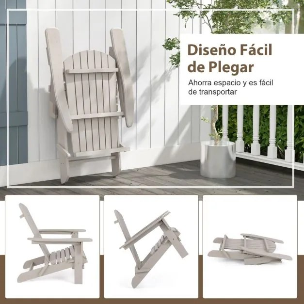 Cadeira Jardim Adirondack dobrável de madeira com encosto e apoios de braços, carga máxima de 180 kg para exterior cinzenta