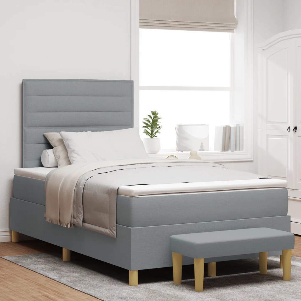 vidaXL Cama Box com Colchão e Banqueta Cinza Claro 120x200 cm Tecido