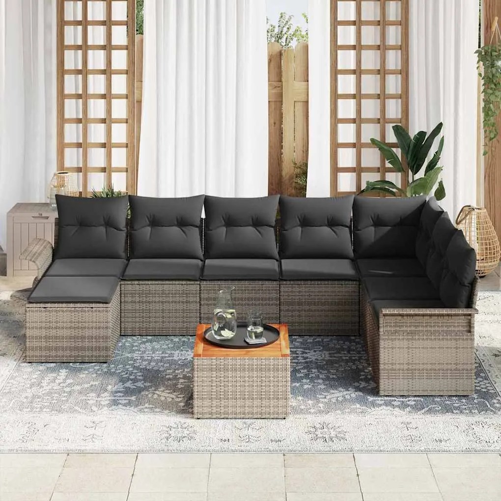 Conjunto de Sofá de Jardim 9 Peças com Almofadas Cinza em Rattan Sinté