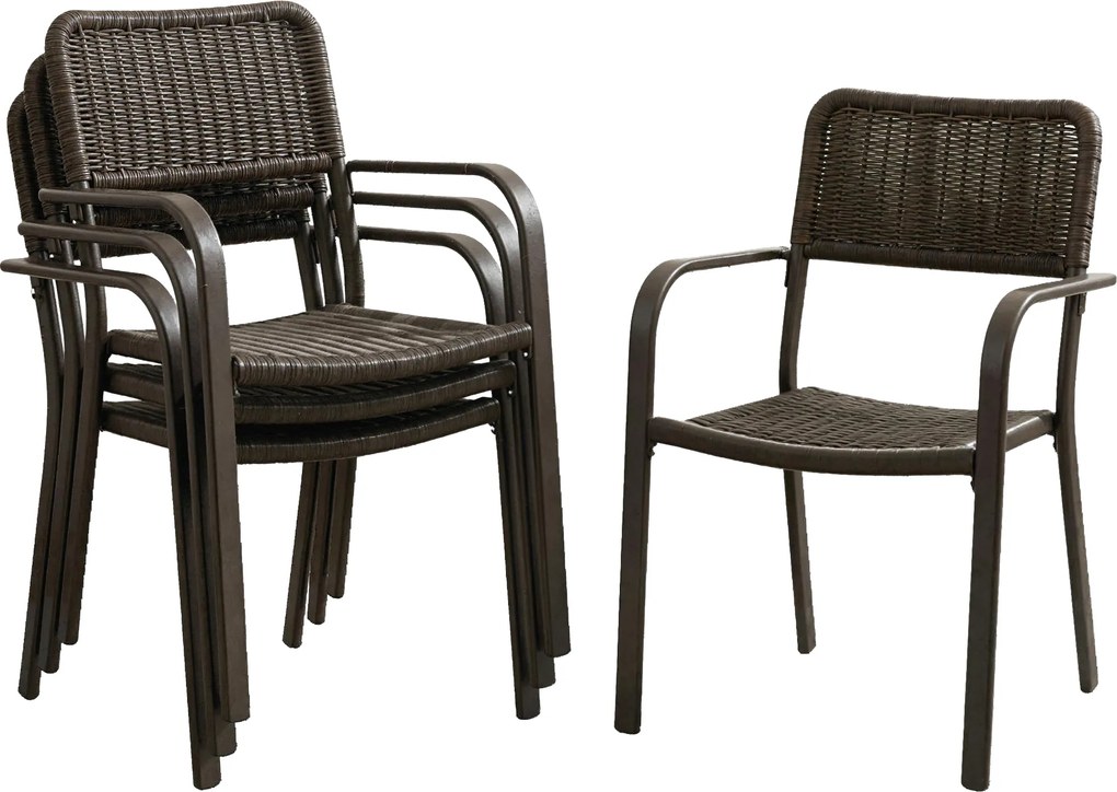 Outsunny Conjunto de 4 Cadeiras de Jardim Exterior Empilháveis com Apoios de Braços e Estrutura de Aço 55x60x83 cm Castanho Escuro | Aosom Portugal