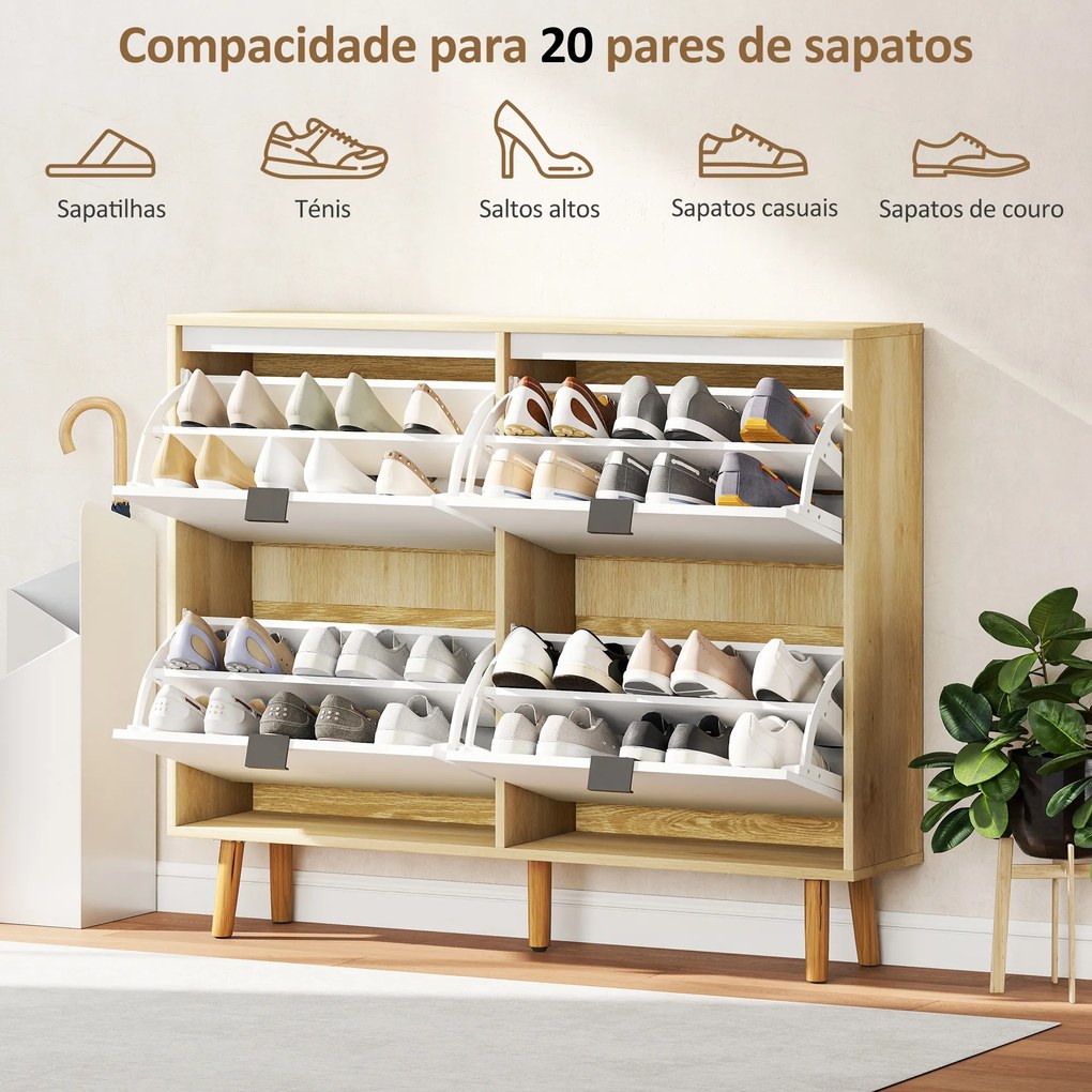 Sapateira Estreita com 4 Portas em Branco Brilho Prateleiras Ajustáveis Pernas de Madeira para 20 Pares de Sapatos 105x24x92,5 cm