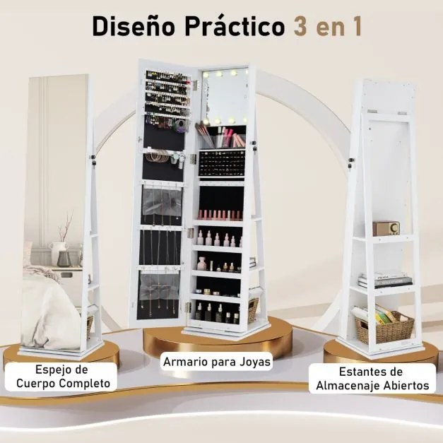 Armário giratório de 360° para joias com espelho de corpo inteiro 43 x 38 x 160 cm e prateleiras Espelho de maquilhagem Branco