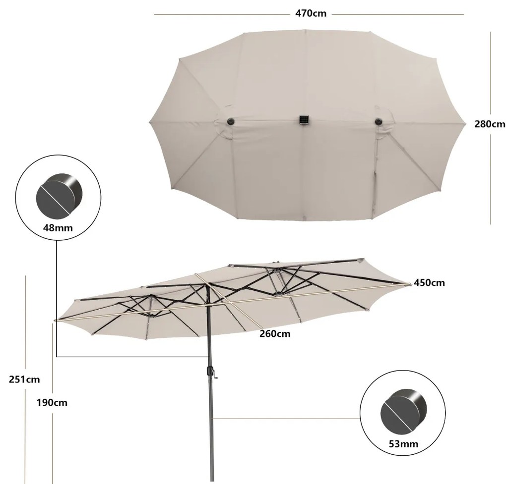 Guarda-sol Jardim dupla face de 470 cm com 48 luzes LED Painel solar de carregamento automático Sistema de manivela Bege