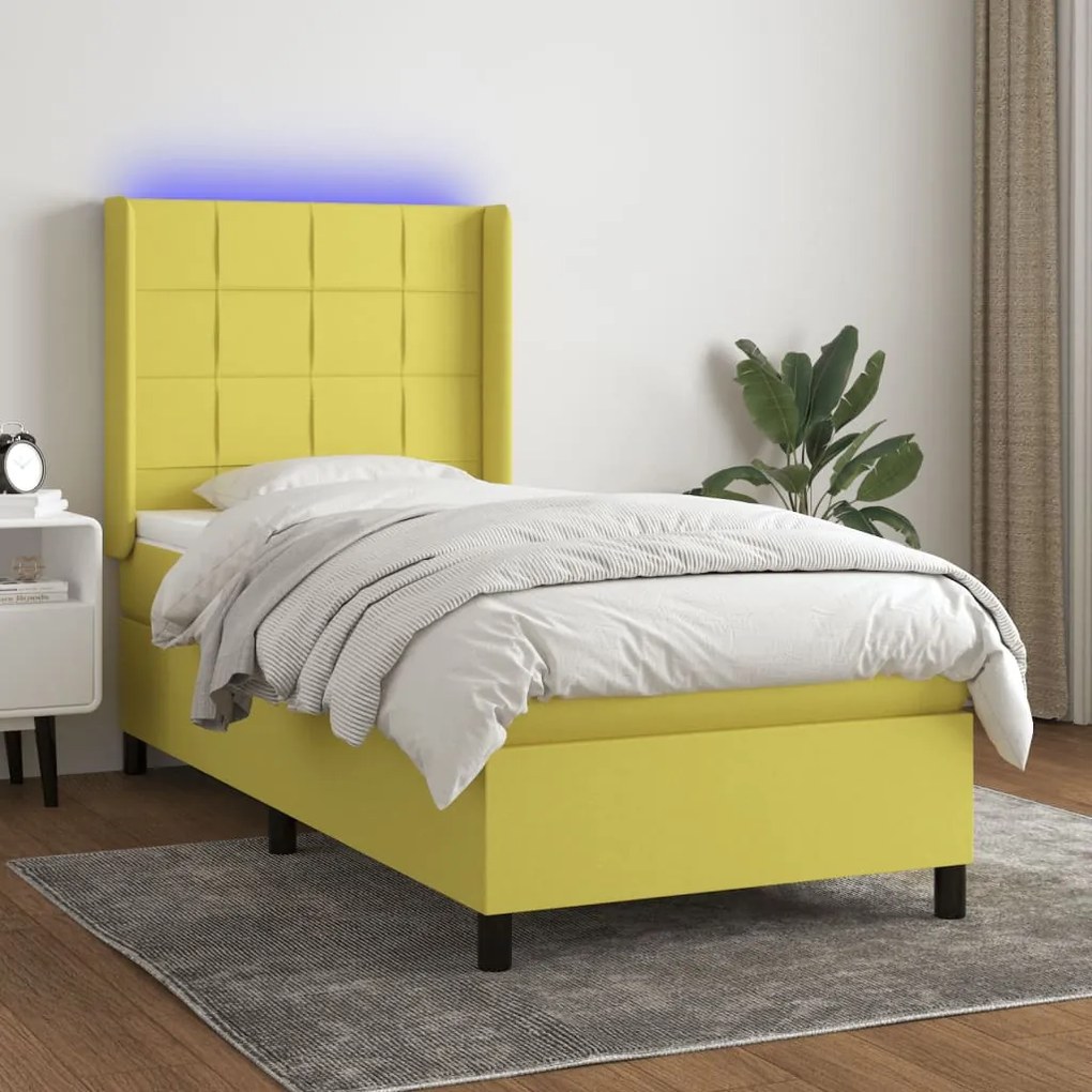 vidaXL Cama box spring c/ colchão e LED 90x190 cm tecido verde